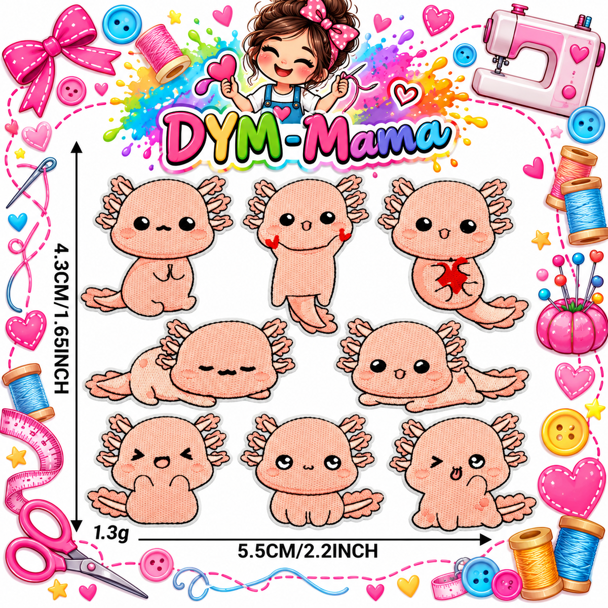 8x Süße Rosa Axolotl Bestickte Aufnäher Zum Aufbügeln Aufnähen Tier Applikation Für Kleidung Taschen DIY Deko Zubehör