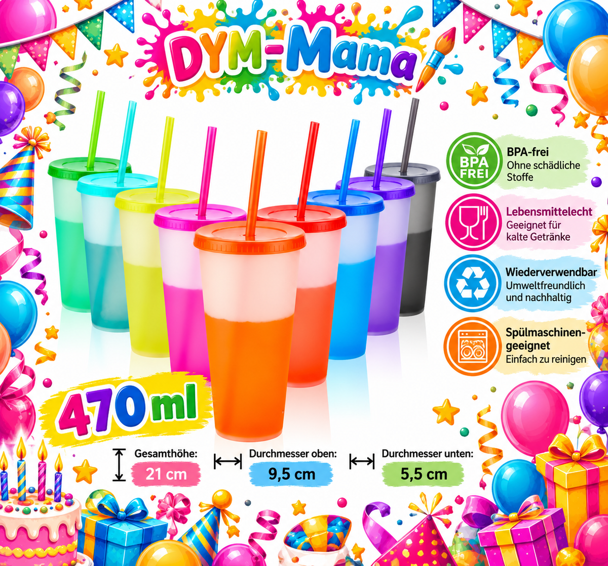 🎉 Personalisierte Partybecher mit Namen & Wunschmotiven – DYM-Mama 🥤🌈