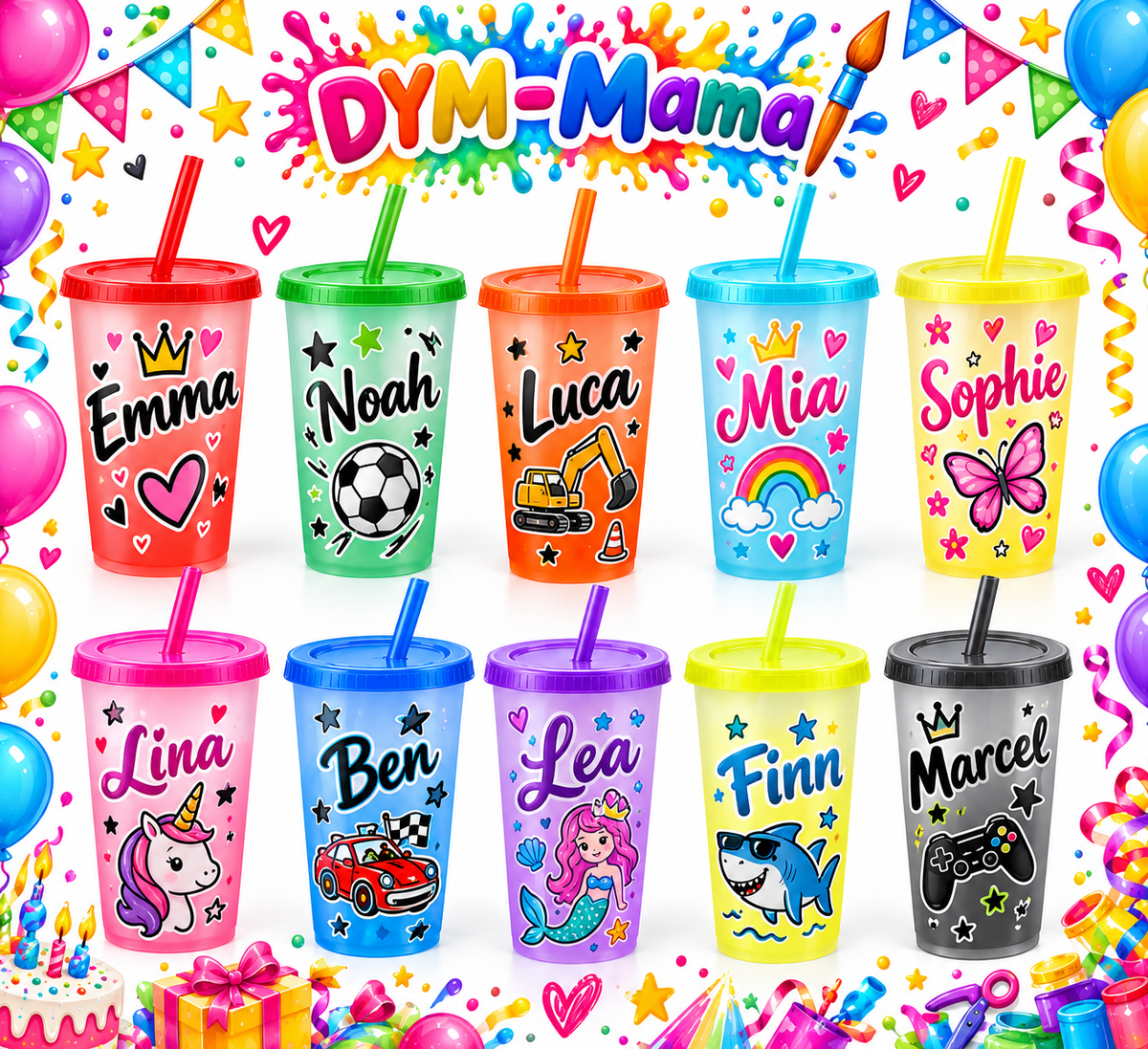 🎉 Personalisierte Partybecher mit Namen & Wunschmotiven – DYM-Mama 🥤🌈