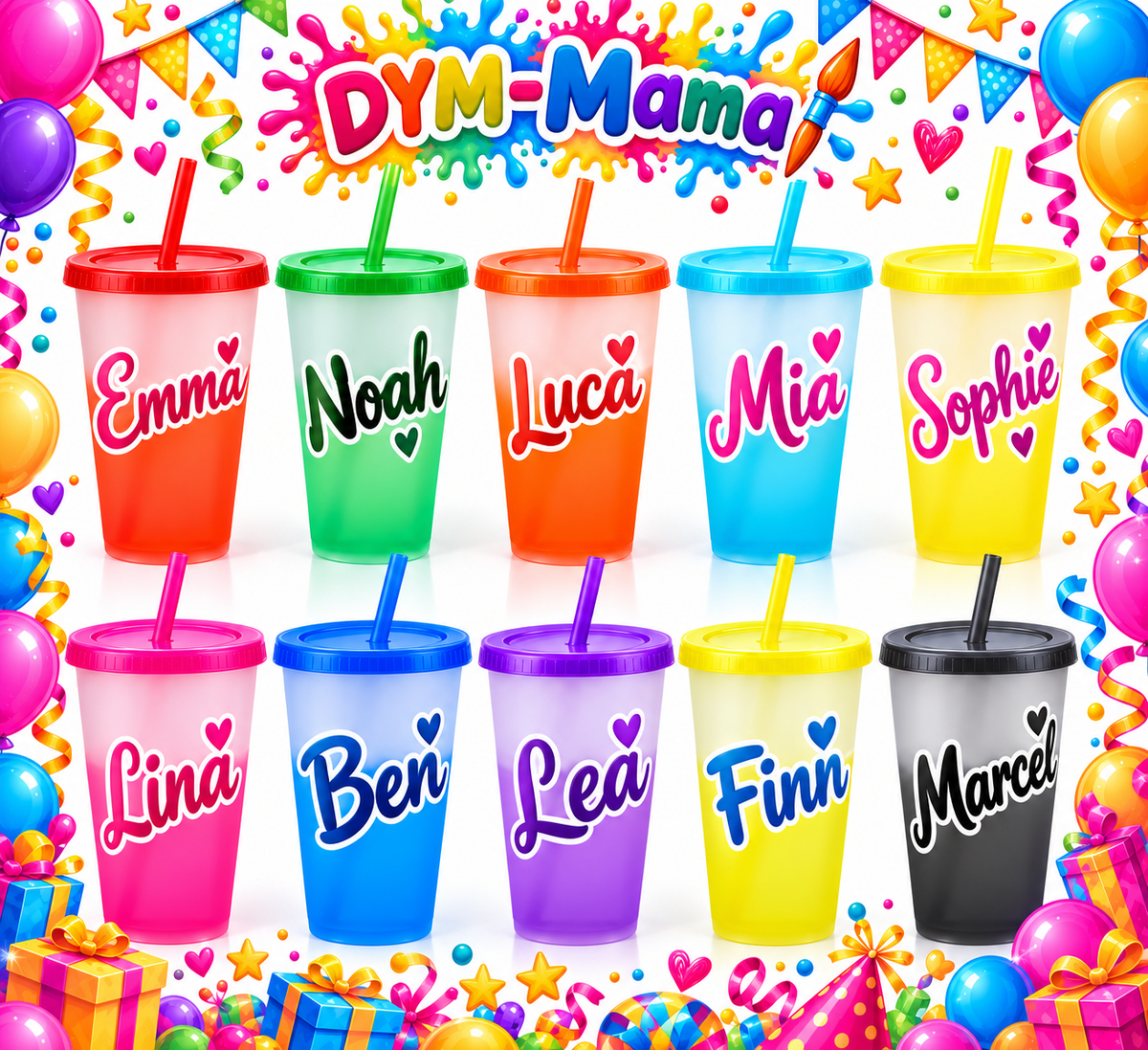 🎉 Personalisierte Partybecher mit Namen & Wunschmotiven – DYM-Mama 🥤🌈