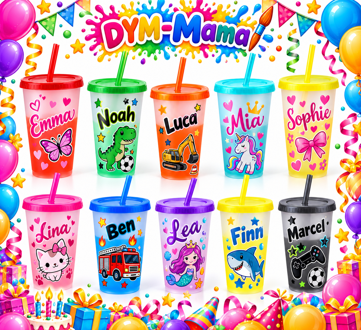 🎉 Personalisierte Partybecher mit Namen & Wunschmotiven – DYM-Mama 🥤🌈